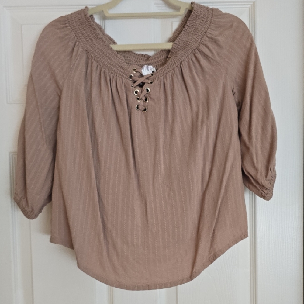 Tan Puff Sleeve Blouse with Smocked Tie Front